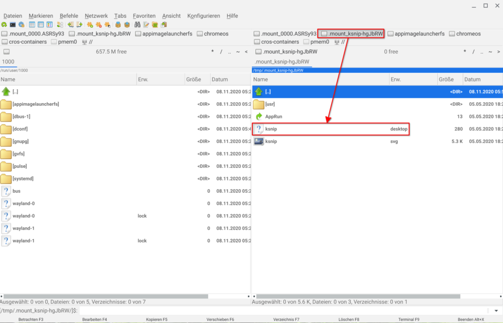 Die vom AppImageLauncher gemounteten Dateien, einschließlich der Desktop-Datei für die Integration in das Linux-Menü