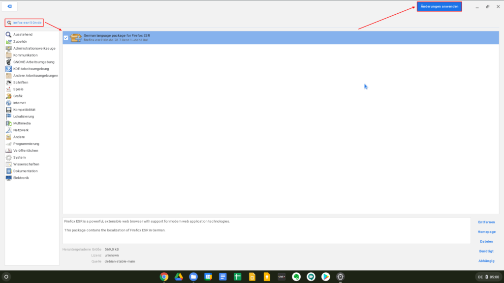 Die deutschen Sprachpakete mit der Paketverwaltung des Gnome Software Centers unter Chrome OS installieren